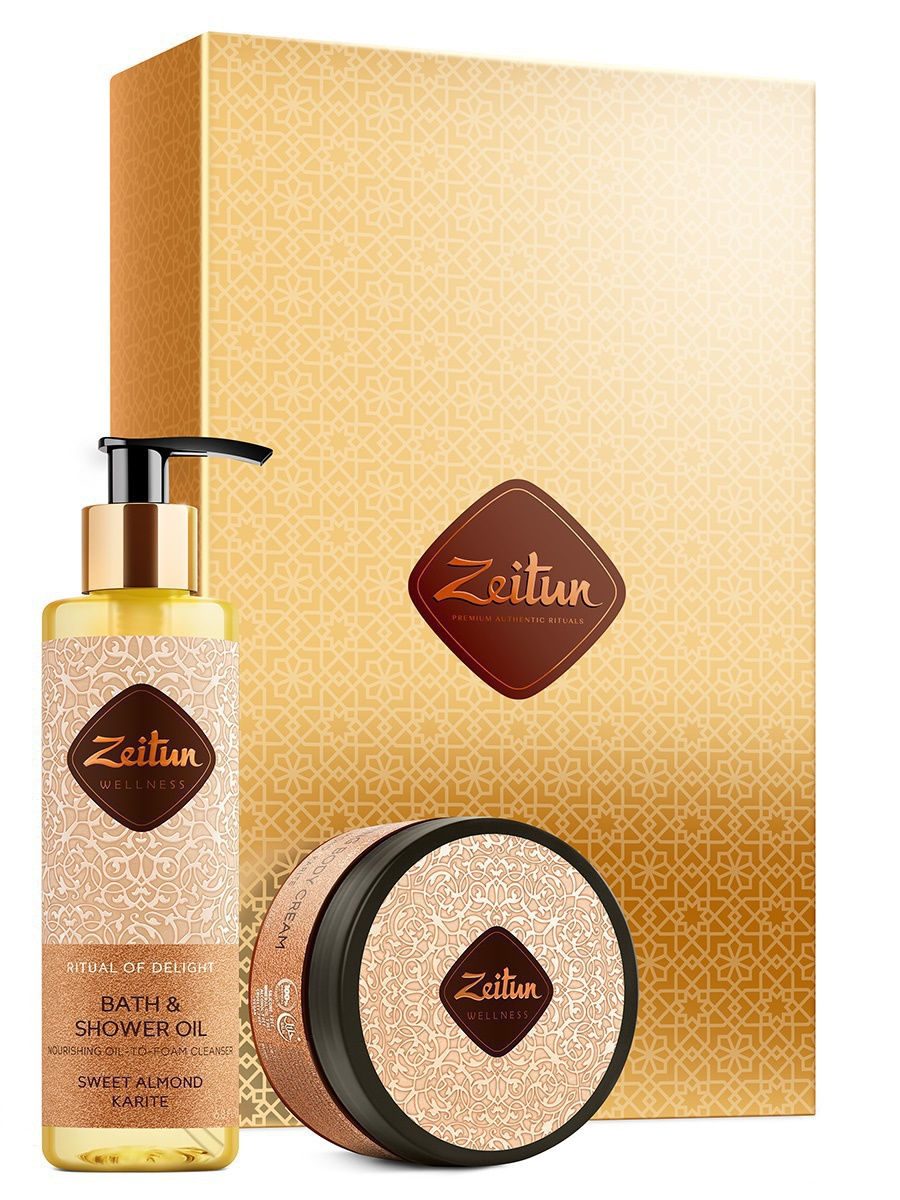 ZEITUN Подарочный набор "Минуты наслаждения" со сладким миндалем и карите: масло для душа, крем для тела